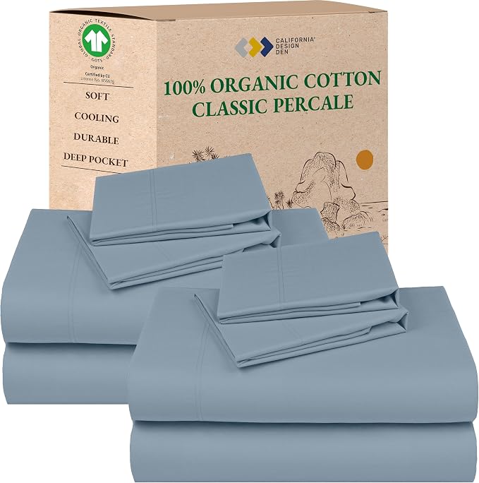 California Design Den Pack of 2 Queen Bedsheet Sets - 100% Organic Cotton, Crisp, Breathable and Lightweight Percale, Deep Pocket Sheet & Pillowcase Sets - Blue Hydrangea