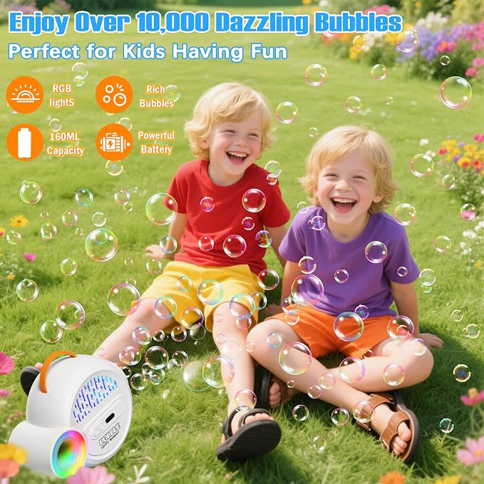 IFLOVE Automatic Bubble Machine for Kids Toddlers, RGB Light 4000+/Min | 4,000+ bubbles per minute, RGB light show, long-lasting runtime, 10 refill packs, hands-free fun for ages 3-8