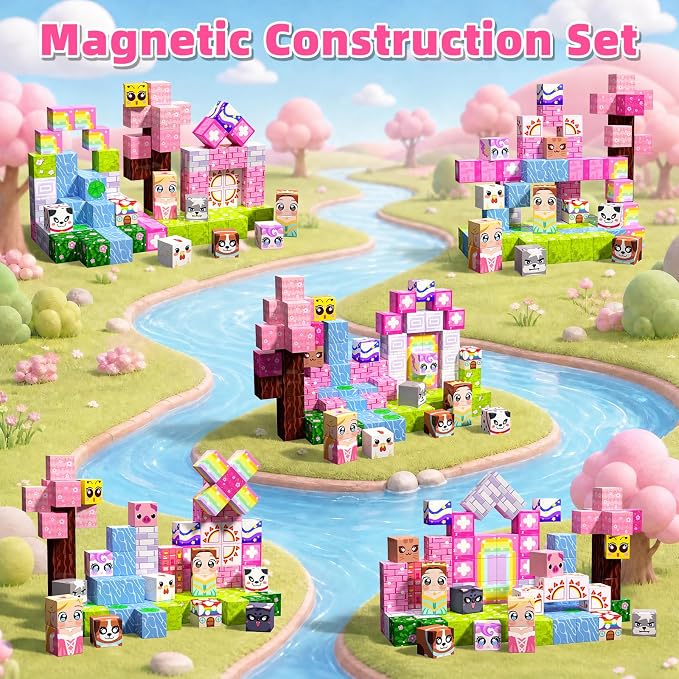 100PCS Magnetic Blocks, Magnetic Building Cube Set for Kids Ages 3+, Constructions STEM Stacking Tiles Toy Building Birthday Gifts for Girls