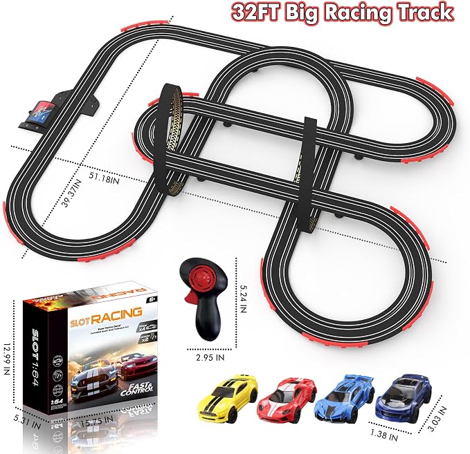 Slot Car Race Track 32Ft Electric Powered Racing Tracks Sets for Boys and Kids ,Dual Racing with 4 High Speed Cars and 2 Hand Controllers, Gift Toys for Children 6,7,8 Years Old