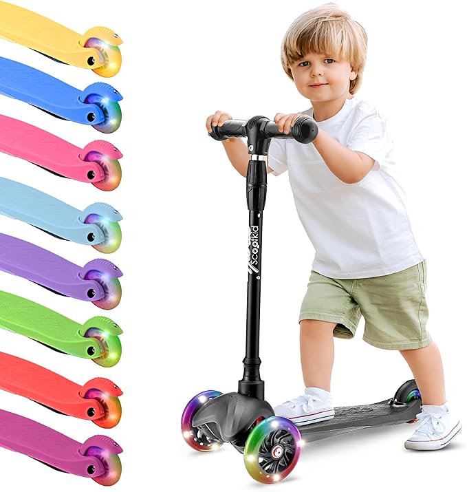 Hurtle Mini Kickboard 3 Wheel Scooter for Kids Ages 2-5 - Lean-to-Steer Toddler Scooter with Light-up LED Wheels, Adjustable Height & Rear Foot Brake for Boys. & Girls, Anti-Slip, Indoor/Outdoor