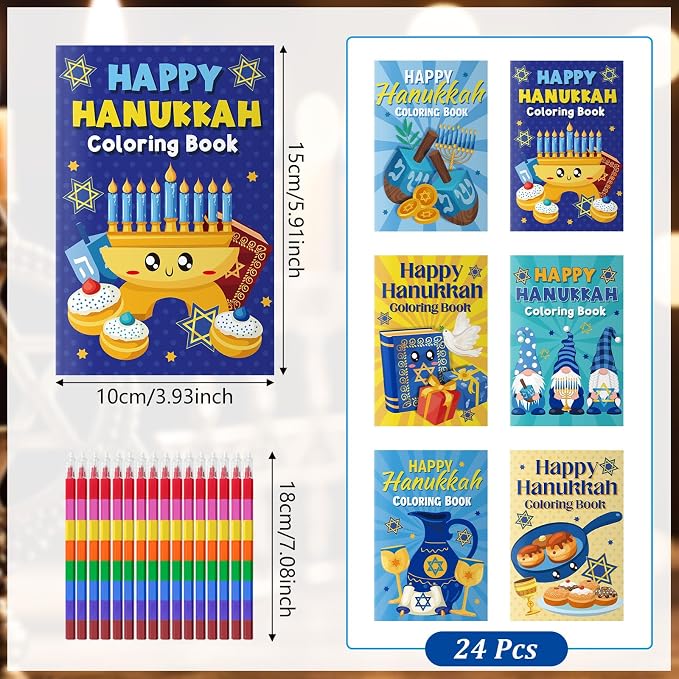 Cinrobiye 24 Set Happy Hanukkah Coloring Books Bulk Chanukah Activity Books Mini DIY Painting Drawing Set with Stackable Crayons for Festival of Lights Party Favor Gifts Goodie Bag Fillers
