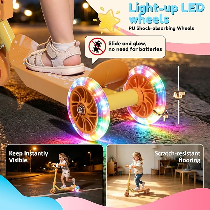 Three Wheel Scooter for Kids 2-5, Light Up Princess Scooters with Handleber-Steer, Adjustable Height Kick Scooters for Boys & Grils, Indoor and Outdoor Use