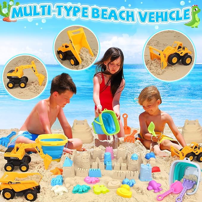 FHOZGECY Beach Sand Toys, 3 Construction Vehicles, 3 Collapsible Buckets, Sand Castle Molds with Travel Mesh Bags, Sandbox Play Set for Kids Ages 3-12, Multi‑Scene Play for Outdoor Summer Beach Games