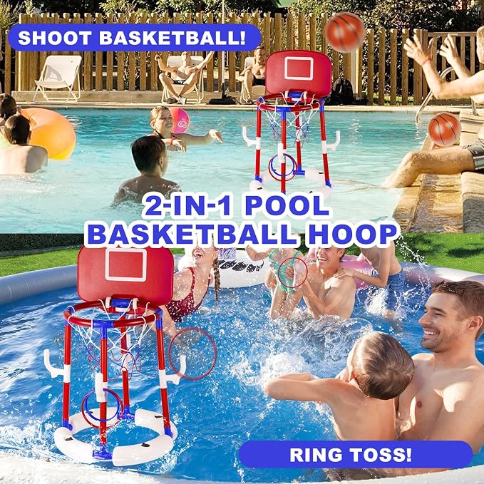 2-in-1 Floating Pool Basketball Hoop, Stable Water Basketball Hoop with Backboard, Basketball Hoop & Ring Toss Pool Games, Summer Fun & Outdoor Family Birthday Pool Toys for Kids & Adults