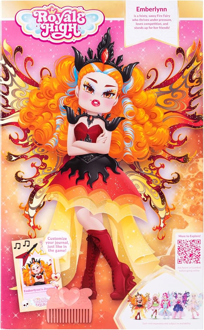 Royale High 9” Fashion Doll - Emberlynn the Fire Fairy, Series 2 - Fairy Journal, Comb, and Virtual Item Code Included - Ages 5+