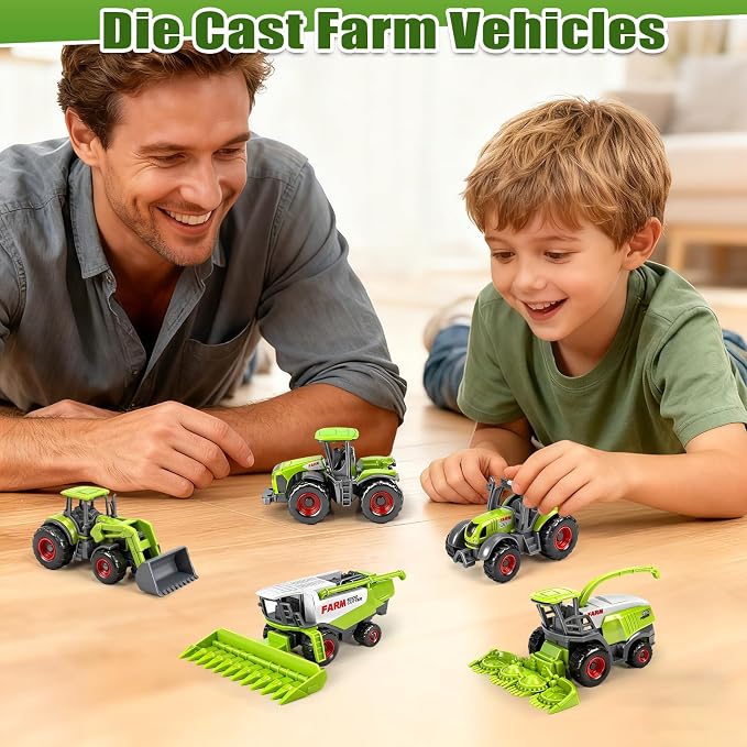 5 Pack Diecast Farm Tractor Toy, Toddlers Farm Toys Tractor Vehicles with Combine Harvester, Forage Harvest, Mini Farming Truck Toys for Kids Boys Ages 3 4 5 6 7 8 Birthday Gift & Party Favors
