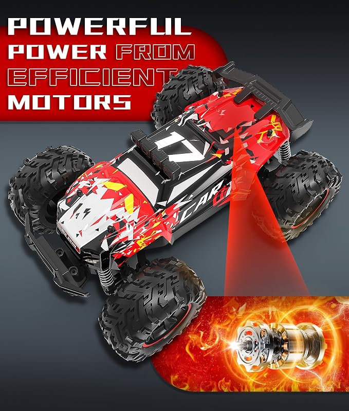 Carox Remote Control Car, 2.4GHz 26KM/H High Speed RC Car, 1:18 Off-Road Monster Truck with LED Lights, Proportional Throttle & 1800mAh Rechargeable Batteries – Ideal Gift for Boys 6+ (RED)