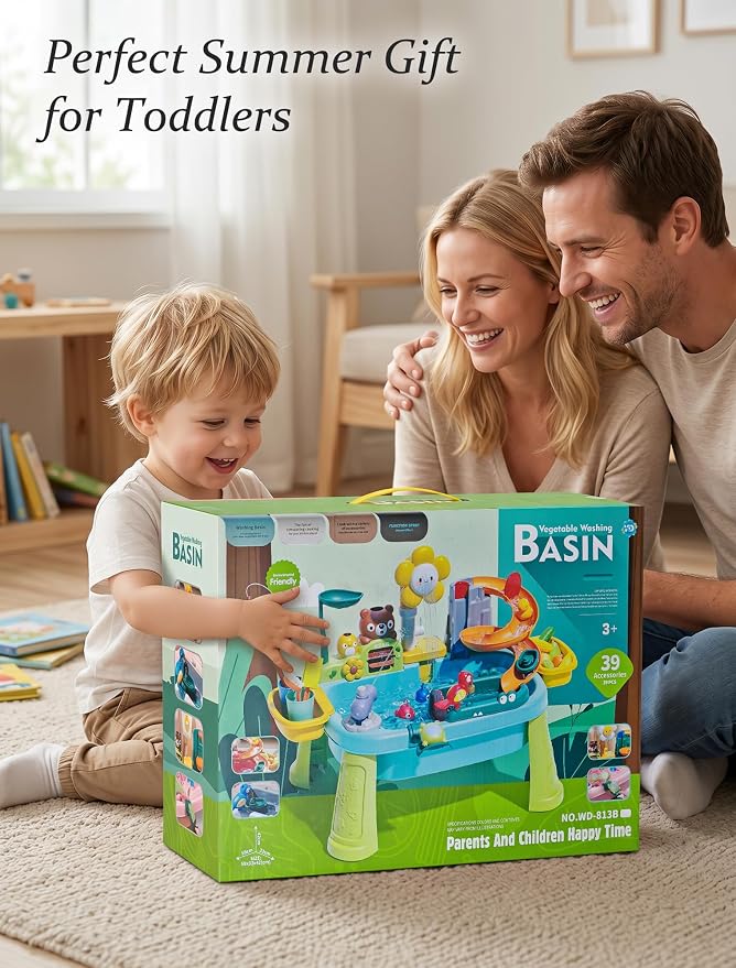Water Table for Toddlers 1-3 with Pump: Summer Sensory Play Sink, Kitchen Fishing Playset with Running Water, Indoor Outdoor Montessori Water Toy Gift for Kids, BPA-Free, Non-Toxic