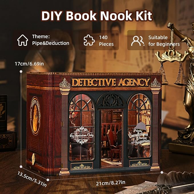DIY Miniature House Kit, Dollhouse Detective Agency for Adults to Build, Birthday/Christmas Day Gift for Family and Friends, Prefab Tiny Home with LED Lights,Pipe & Deduction
