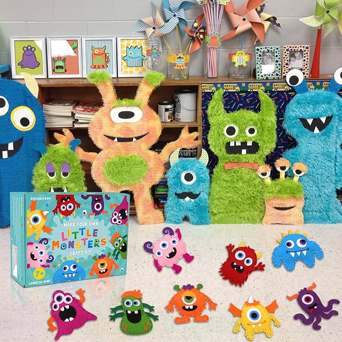 CiyvoLyeen Kids Sewing Kit Crafts– Little Monsters Felt Plush DIY Craft Adopt A Monster Educational Sewing Set for Kids Beginner Craft Kit Set of 12