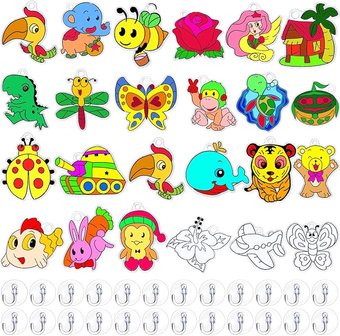 Sratte 48 Pcs Sun Catcher Kits for Art Window DIY Suncatchers Craft for Kids Animals Summer Window Art Paint with 24 Suction Cups for Kids Ornament Birthday Party Activities Home Decor Supplies