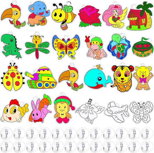 Sratte 48 Pcs Sun Catcher Kits for Art Window DIY Suncatchers Craft for Kids Animals Summer Window Art Paint with 24 Suction Cups for Kids Ornament Birthday Party Activities Home Decor Supplies