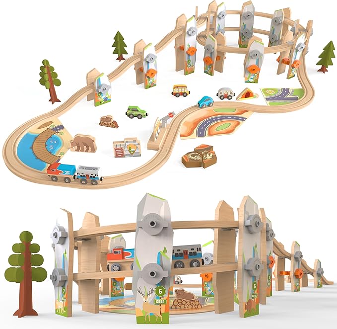 Wooden Train Set 141 Pc Build and Play Elevated Track System STEAM Accredited National Park Animal Railway Multi Level Spiral STEM Toy Gift for Grandkids Kids Toddlers Compatible Thomas Brio Railway
