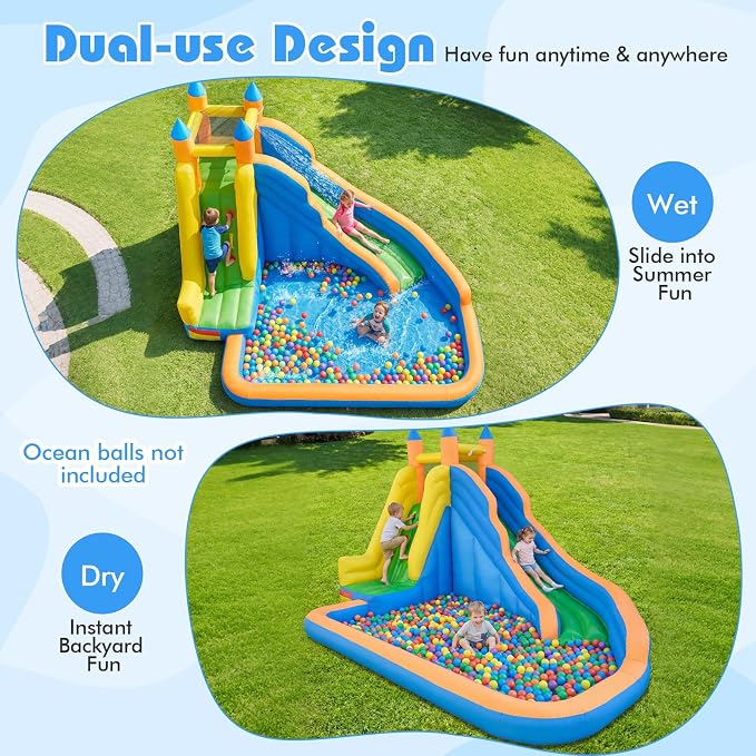 Costzon Inflatable Water Slide, Giant Bouncy Waterslide Park for Kids Backyard Outdoor Fun w/550w Blower, Climbing, Splash Pool, 2-pcs, Blow up Water Slides Inflatables for Kids 3-12 Party Gift