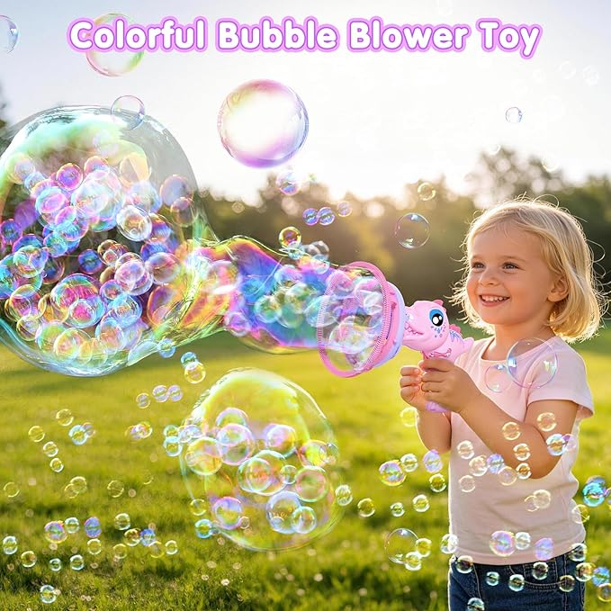 IFLOVE Pink Dinosaur Bubble Gun for Kids, Bubble Machine Toy with Bubble-in-Bubble Effect, 1000+ Bubbles/Min Outdoor Party Favor Gift for Girls Ages 3-8