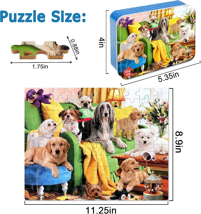 LELEMON Puzzles for Kids Ages 4-6,Playful Dog 100 Piece Puzzles for Kids Ages 6-8 in a Metal Box,Educational Jigsaw Puzzles,Childrens 100 Piece Puzzle Games Puzzle Toys for Girls and Boys