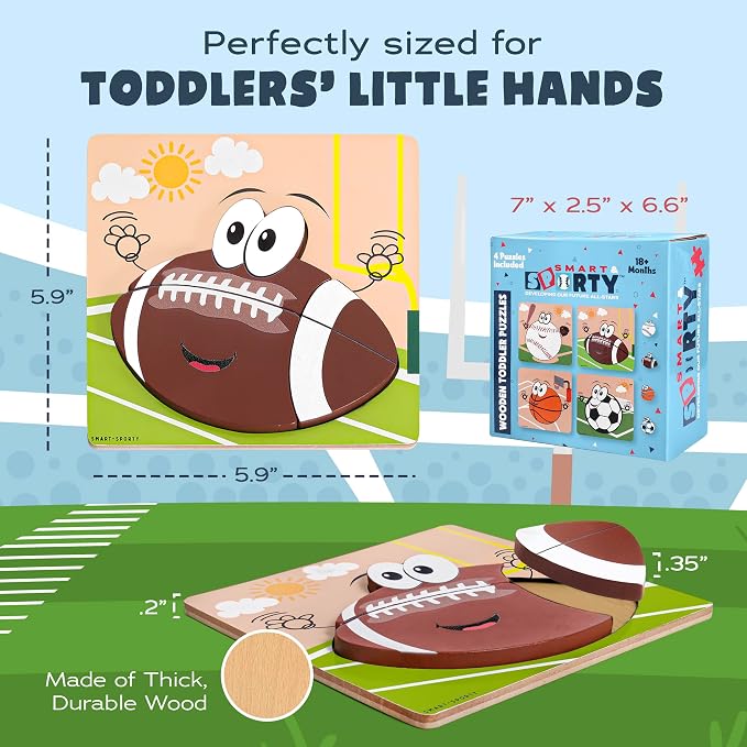 Wooden Sports Puzzles for Toddlers 2-4 | Wood Puzzles for Kids, Toddler Sports Toys for Toddlers, Basketball Toy, Football Toys, Baseball Toy, Soccer Toddler 2 3 Year Old Boy