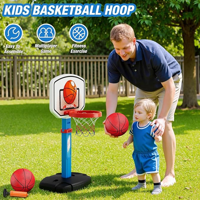 HYES 2 in 1 Kids Basketball Hoop and T Ball Set - Adjustable Height, Kids Baseball Tee with Automatic Pitching Machine, Indoor Outdoor Sport Toys Gifts for Toddler Boys Girls Age 1-5, Blue