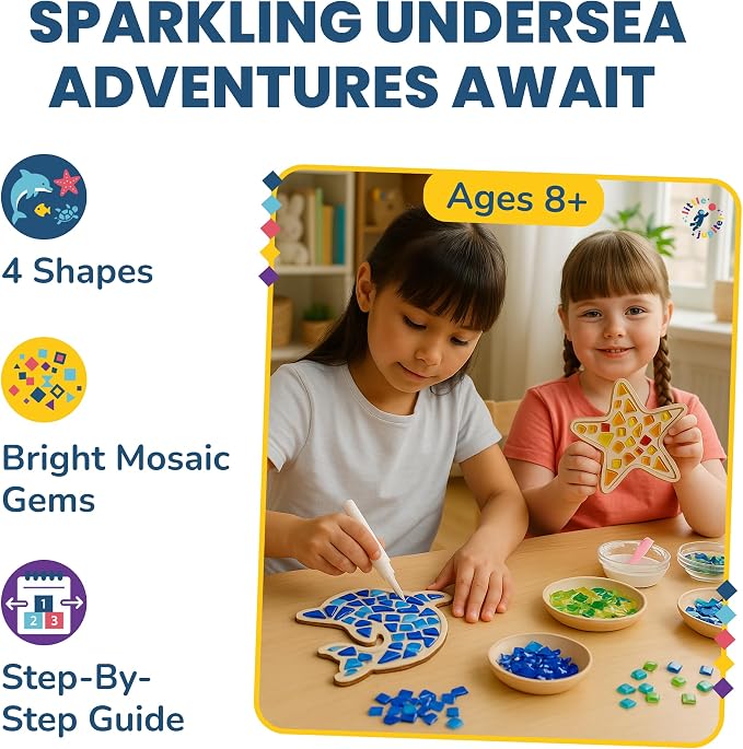Little Jupiter DIY Mosaic Kit - Builds 4 Different Sea Mosaic Art Pieces - The Perfect Arts and Crafts for Girls and Boys Ages 8-12 - Kids Art Set Activity for Birthdays, Christmas, Holidays, & More
