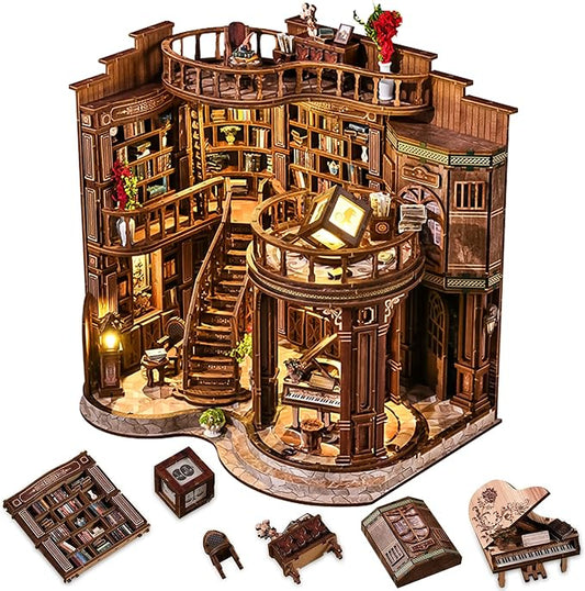 Roroom DIY Miniature House Kit, Dreamy Book Hall Book Nook Kit | Wooden 3D Puzzles for Adults with LED, Bookshelf, Desk and Bedside Room Decor, Relaxing Craft Project, Creative Gift