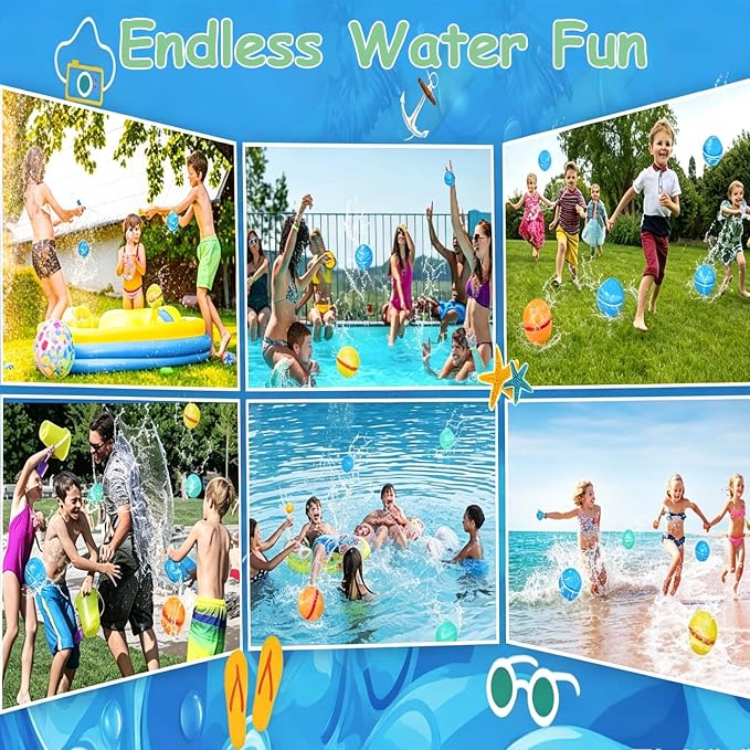 Reusable Water Balloons 16PCS: Summer Water Toys for Pool Beach & Outdoor,Magnetic Splash Balls for Kids Fun Games & Activities,Self-Sealing Refillable Water Bombs for Kids Ages 3-14