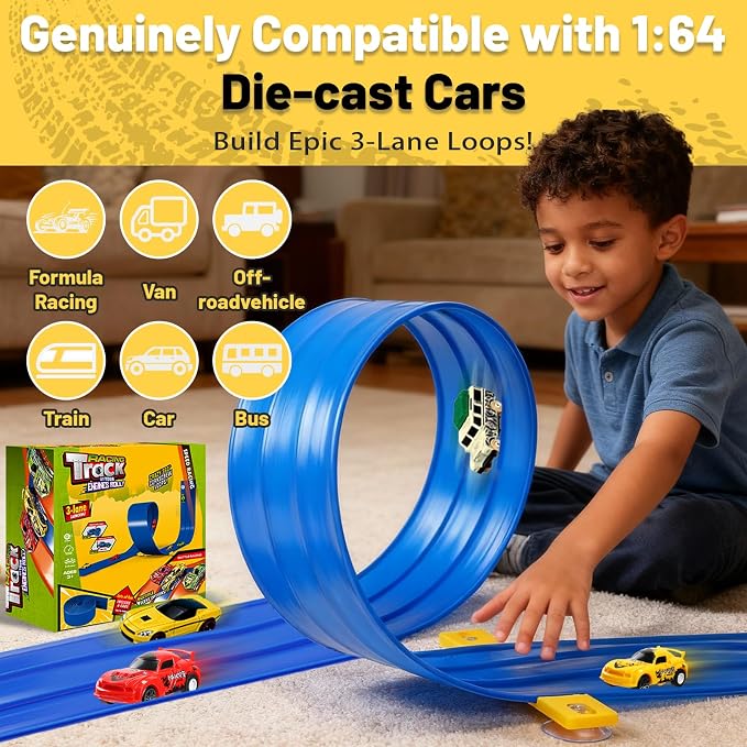 3-Lane Flexible Race Track for Kids - 20FT Flex Race Car Ramp Track with Strong Suction Cups, Rolls Up Portable DIY Racetrack Compatible with Hot Wheels & Diecast 1/64th Cars