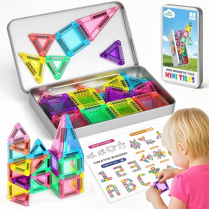 3 otters Travel Magnetic Tiles with Case, 25PCS Mini Travel Magnetic Building Blocks STEM Toys for Boys Girls Birthday Party Gift Classroom Prizes