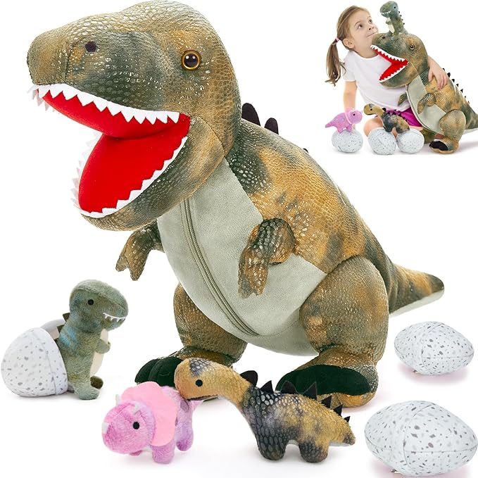 MorisMos Dinosaur Stuffed Animals Set,23.6'' Big Stuffed Dinosaur Mommy + 3 Baby Dino Toys+3 Plush Dino Eggs, Boy Girl T-Rex Toys for Kid Birthday Gift,Realistic T-rex, CPC Certified,Machine Washable