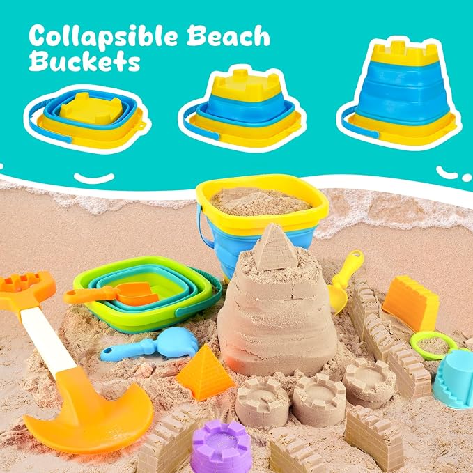 AuntyFey Collapsible Beach Toys for Kids Ages 4-8, Sand Toys for Toddlers Ages 3-4-8, Beach Toy Set with Collapsible Beach Buckets, Sandbox Toy for Kids with Castle Sand Mold and Large Shovels