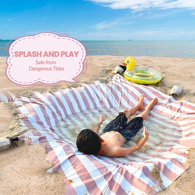 6.5 x 6.5 Feet Baby Beach Pool, 2-in-1 Toddler Paddling Pool with Waterproof Carrying Bag Beach Pool for Toddler for Pink Stripe Design Beach Blanket