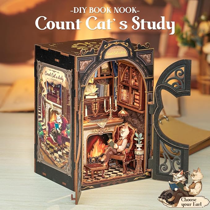 Cutefun Book Nook Kit - DIY Miniature Dollhouse Kit for Adults, Teens and Beginners, Tiny House Bookshelf Decor 3D Wooden Puzzles, Best Birthday and Valentine's Day Gifts (Count Cat's Study)
