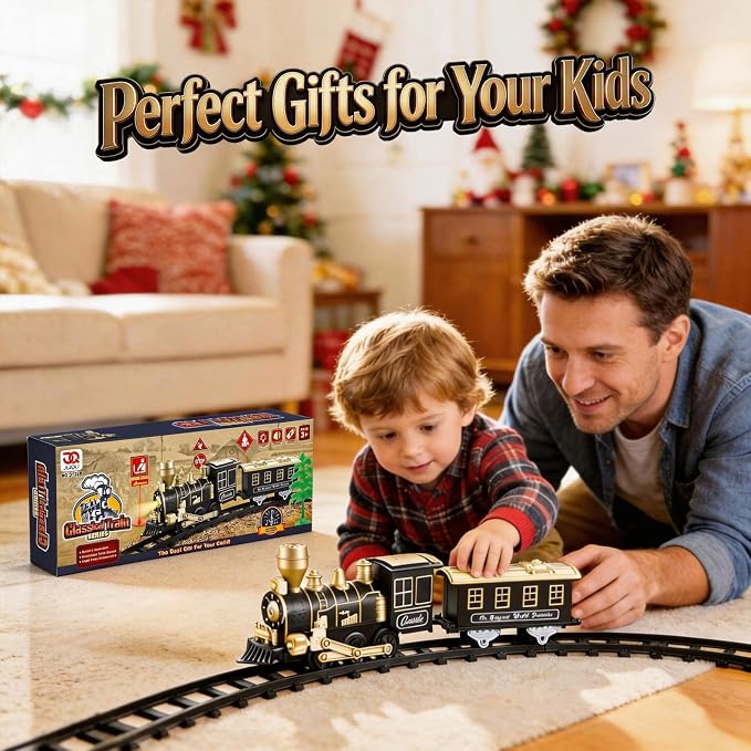 Electric Train Set, Ages 4-8 – Christmas Train with Locomotive, Passenger Car, 6 Curves, LED Light & Sound – Indoor Toy for Kids, for Holiday Village or Train Table