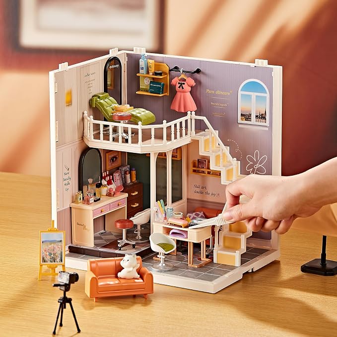 DIY Miniature House Kit Beauty Salon – 203 Piece Tiny House Dollhouse Mini Room with LED Light, Nail Art Studio & Makeup Room, Cozy Creative Craft Gift for Kids 8+ & Teens