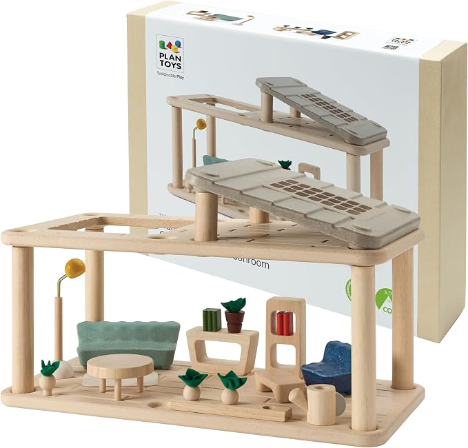 PlanToys® Wooden Dollhouse Gathering Room with Sunroom | Living Room Furniture Set with Sofa, Garden, Lamp & Accessories | Open Ended Role Play Space for Dollhouse Expansion