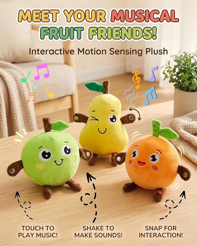 Soft Plush Musical Sensory Toy, Interactive Plush Toy with Sounds, Skin Touch Activated Sound Doll, Dual Mode Educational Toy, Fruit Style Gift for Baby Kids Boys Girls All Ages (Orange)