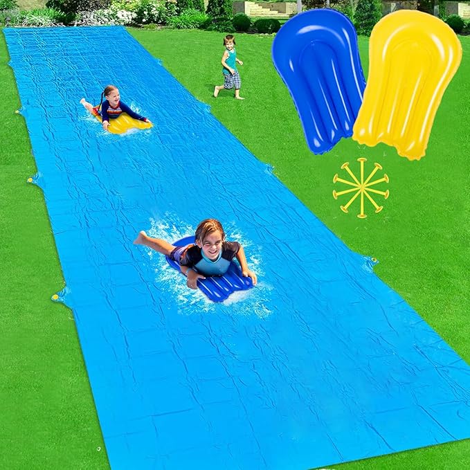 Slip Water Slide, 30FT Extra Long Heavy Duty Slip Lawn Water Slide for Kids Adults with 2 Bodyboards, Slip Water Slides for Kids Backyard Garden Summer Outdoor Water Toys Party Play