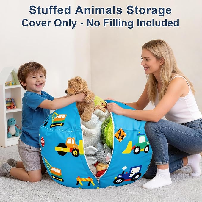 Lukeight Construction Stuffed Animals Storage Bean Bag Chair Cover for Kids, Cozy Velvet Plush Toy Organizer Seat, Cover Only, No Filling Included, Long YKK Zipper, Side Pocket, Large 27 x 16 in