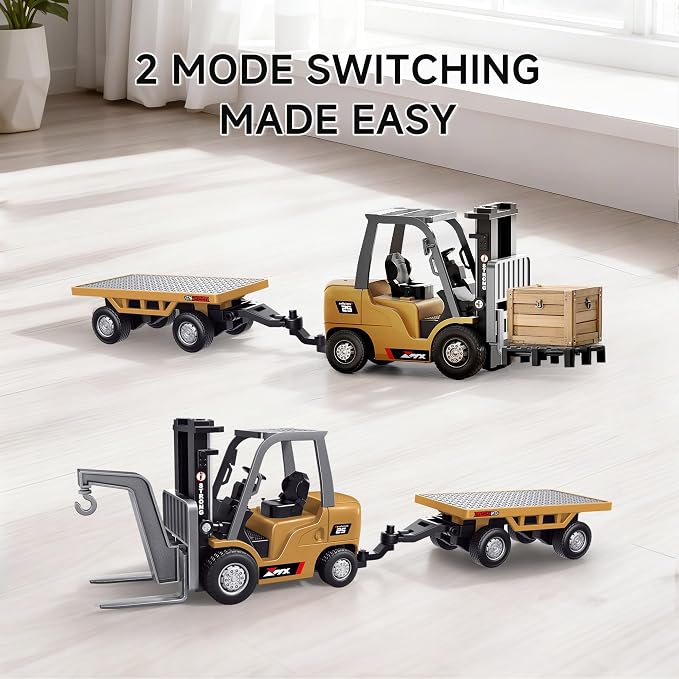 BRRRRT 1/64 Full Proportional RC Forklift Toy,8 Channel 2 Mode Mini Remote Control Forklift Truck with Flatbed Tow Truck,2 in 1 Transformable Lift Fork & Hook with Rechargeable Battery for 4+ Kids