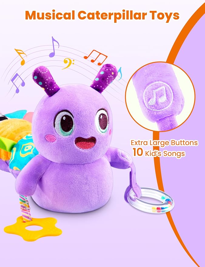 Musical Caterpillar Baby Sensory Toy for Infant Development 0-12 Months – Newborn Bath, Car Seat, Stroller & Bassinet Activity Toy & Gift – Tummy Time Crawler & Teether(Purple)
