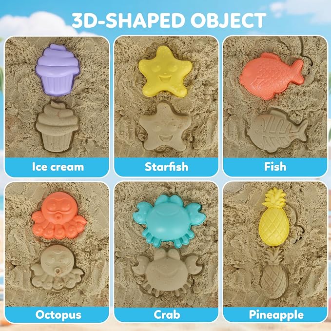 GKDOMS Kids Beach Toys Set with Collapsible Bucket, Sand Molds, Sand Rake and Shovel, Travel Sand Toys Sandplayset for Ages 2-6 (Single Multi)