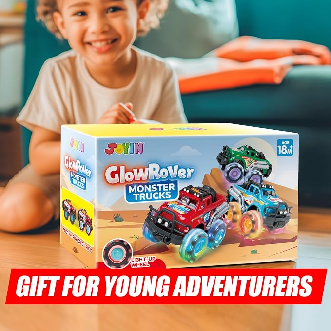 Vroomix JOYIN 3 Pack Monster Truck Toy - Toy Truck with Flashing LED Wheels - Light-Up Friction-Powered Cars for Toddlers - Boys Girls Birthday Gift