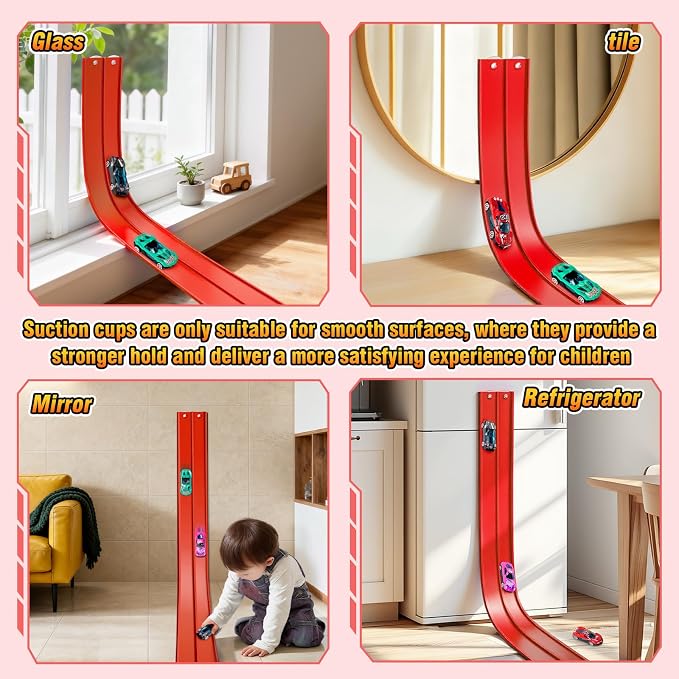 15Ft Flexible Race Car Track for Kids with Suction Cups Compatible with Diecast 1/64th Cars for Ages 3 & Up Blue Gray Orange Red Classic Long Rolls Up Portable Racetrack (Red)