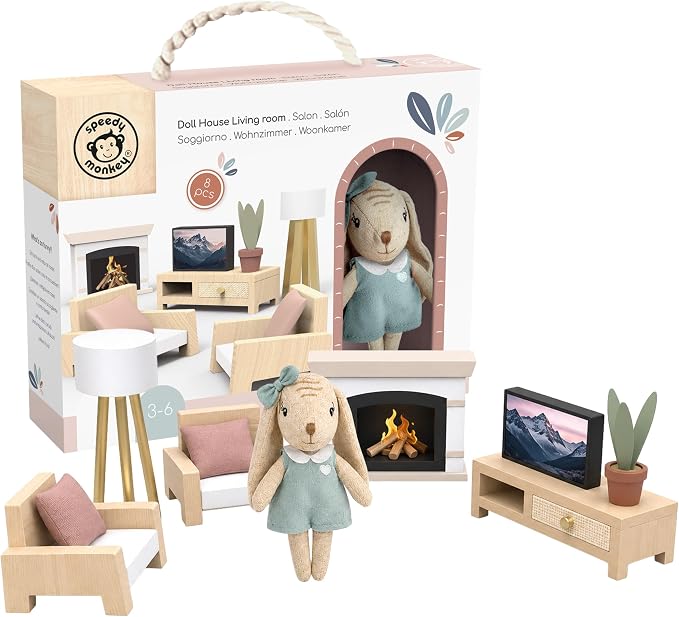 SPEEDY MONKEY Cozy Dollhouse Living Room Playset with Bunny – Miniature FSC Wooden Furniture Sofa, TV – Pretend Play Fully Furnished Farmhouse Accessories for Kid, Toddler, Girl – Doll House Decor Toy