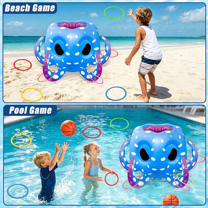 Octopus Pool Toys for Kids Ages 4-8, 8-12, 2-in-1 Inflatable Pool Floats Basketball Hoop & Ring Toss Swimming Pool Games, Summer Outdoor Water Games Beach Party Gift for Boys Girls Family