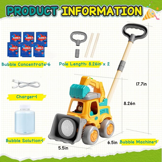 Bubble Machine for Toddlers 3-6: Construction Truck Bubble Lawn Mover, 2-in-1 Handheld Push Automatic Bubble Blower with Led Lights USB Rechargeable, Bubbles Toy for Kids Boy Girl 3-6 Year Old