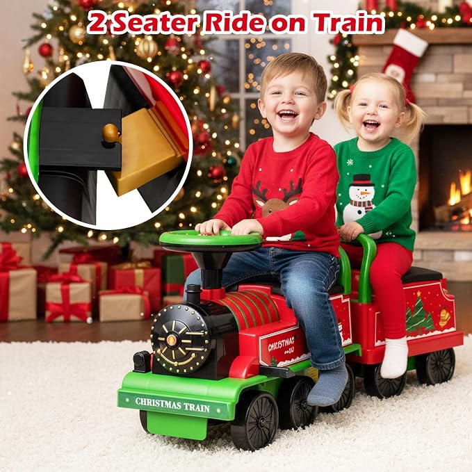 OLAKIDS 6V 2-Seater Ride on Train with Carriage, Storage, Train Whistle, Music, Lights for 18 Months+ (2 Seaters, Christmas)