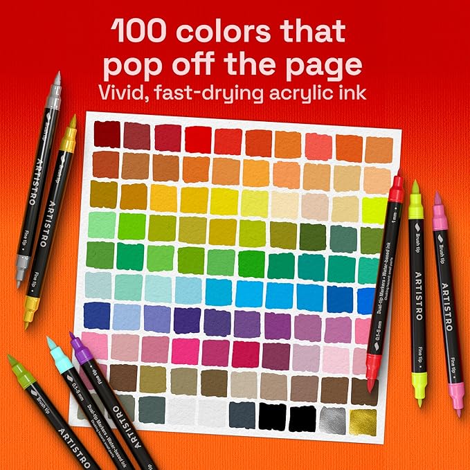 ARTISTRO 100 Acrylic Paint Markers - Paint Pens for Glass Marking, Rock Painting, Ceramic, Wood, Fabric, DIY, Craft, Canvas - Art and Craft Supplies for Adults, Teens, Kids (Brush + Fine Tips)