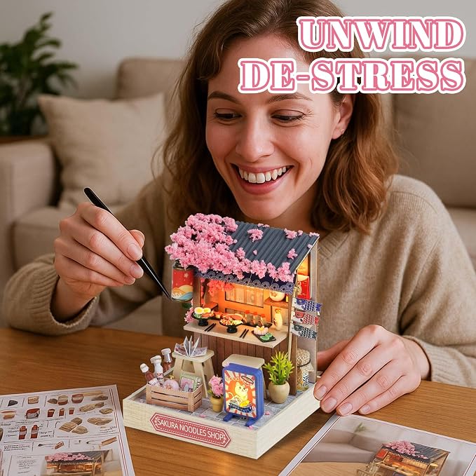Kisoy Dollhouse Miniature with Furniture Kit, DIY 3D Wooden DIY House Kit with Dust Cover, Handmade Tiny House Toys for Teens Adults Gift (Sakura Noodles Shop)