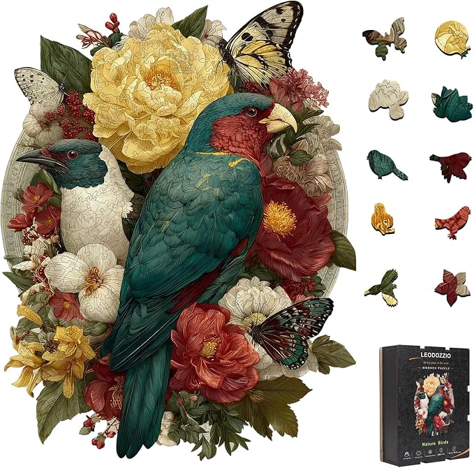 Leodozzio Nature Birds Wooden Jigsaw Puzzles 500 Pieces, Stained Glass Puzzle, 5MM Thick Unique Shaped Bird Flower Wooden Puzzle for Adults, Nautical Art Gift, Family Game, 14.1x18.3 Inch